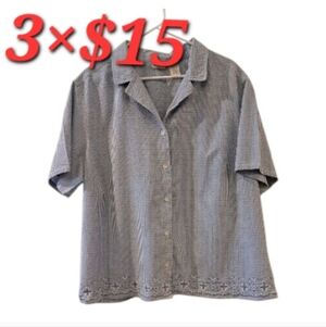 Erika Blue and White Checkered embroidered Blouse button down size 2X